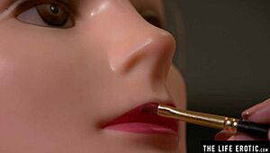 Kinky brunette grinds shaved pussy on mannequin mouth for thrill