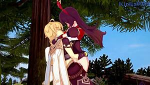 Amber and Fischl fuck Amy and Aether hard in Genshin hentai creampie scene!