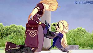 Amber and Fischl fuck Amy and Aether hard in Genshin hentai creampie scene!