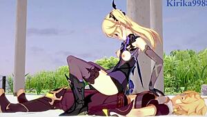 Amber and Fischl fuck Amy and Aether hard in Genshin hentai creampie scene!