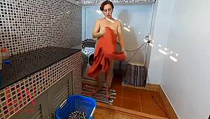 Nudist housekeeper Regina Noir gets naughty masturbating in the laundry room naked