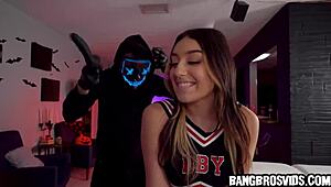 Halloween party gone wild—she's bent over for big cock doggystyle, loving it!