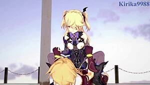 Amber and Fischl fuck Amy and Aether hard in Genshin hentai creampie scene!