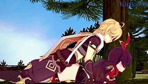 Amber and Fischl fuck Amy and Aether hard in Genshin hentai creampie scene!