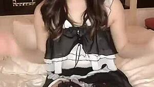 Petite Asian in costume gets fucked hard with feet play and dildo action