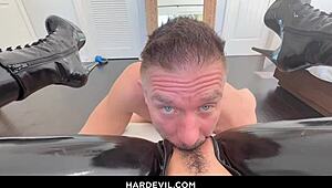 We had a wild fuck session with foot fetish and deepthroat, featuring a brunette with huge natural tits in latex.