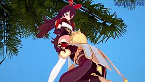 Amber and Fischl fuck Amy and Aether hard in Genshin hentai creampie scene!