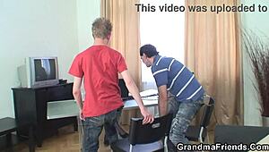 This very old boss lady swallows two cocks at once.