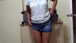 Wife masturbates after beach return, stepson cums in pussy