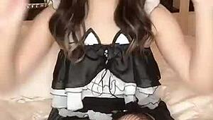 Petite Asian in costume gets fucked hard with feet play and dildo action