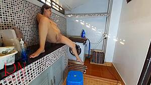 Nudist housekeeper Regina Noir gets naughty masturbating in the laundry room naked