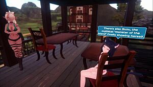 Hentai game with a sexy big-boobed monster girl dancing on an island and a hot scene with a sex doll.
