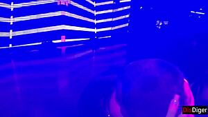 A woman who is in the heat of the moment has sex in the restroom of a nightclub.