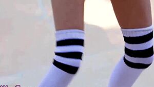 Stockings Teen Tastes Lesbian Babe in Hot Action