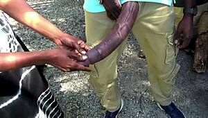 big black cock flashes at a public bus stop, shocking everyone around