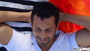 Curvy Mature Syren Rides Poolside with Young Guy