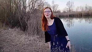 A shy redhead teen gets her first outdoor nude experience with a friend.