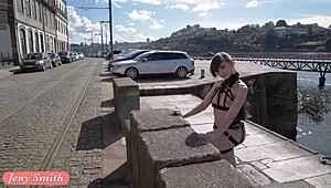 jeny smith demonstrates strap bondage outdoors