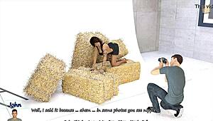 Brunette model showcases fake boobs in urban setting