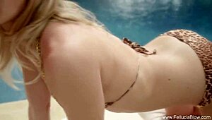 Blonde and brunette provide erotic blowjob with handjob leading to cumshot and swallow