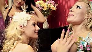 An imaginary blonde expects her friends to fuck her with a dildo in a threesome involving tits and fingering