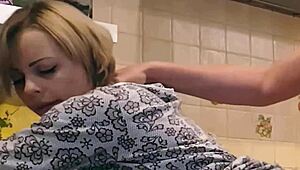 sexy maid blows and bangs in kitchen for huge cumload in tight pussy