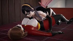 In the incredibles 3d porn, violet parr gets creampied by helen in double futa action