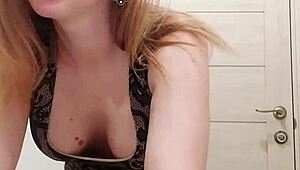 Milf in Dress Sucks Dildo and Fingers Wet Pussy in Restroom