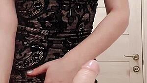 Milf in Dress Sucks Dildo and Fingers Wet Pussy in Restroom