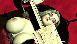 Girl In Wooden Handcuffs Is Taking A Giant Ork Cock