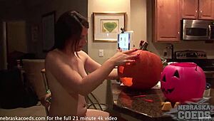 Interview with a horny teen girl who carves a pumpkin and then fucks it.