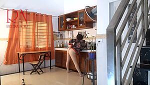 Housewife in pantyhose gets naked in the kitchen and cums hard while cooking 😋