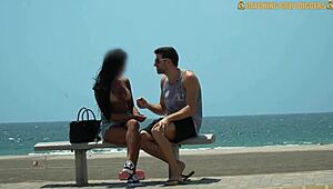 Brown girl with fake tits kneels at beach, then pussy destroyed at home.