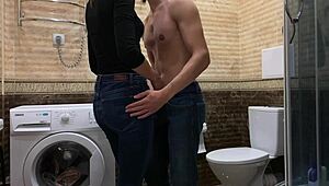 Stepbro’s laundry room tryst with Russian beauty ends in a messy climax