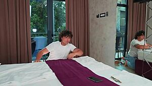 In a shared hotel room, a beautiful European milf engages in passionate cowgirl and doggystyle sex, ending with a facial.