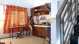 Housewife in pantyhose gets naked in the kitchen and cums hard while cooking 😋