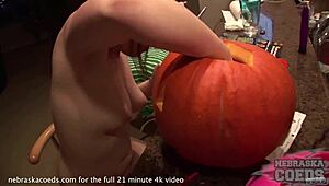 Interview with a horny teen girl who carves a pumpkin and then fucks it.