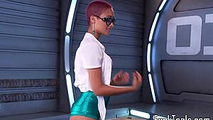 A tattooed black beauty with pink hair pleases herself with a dildo.