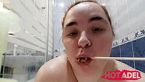 hey, watch this chubby teen suck candy while fingering in shower?