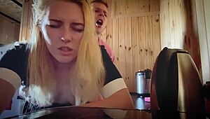 this sexy maid with a big ass was getting fucked doggystyle while cleaning, and she swallowed the cum from that monster cock