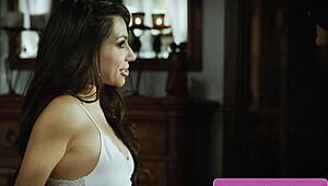 sexy horny lesbian brunettes eliza ibarra and hime marie kissing tenderly and rubbing their pussies in bed 😘