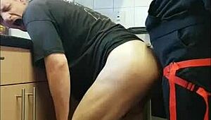 Bisexual Gay Male Takes Huge Anal Toy Insertion in Garage from Behind