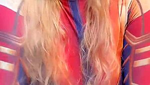 Captain Marvel bounces on a huge ebony dildo in cowgirl position 😈