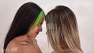 feeling excited watching tattooed bisexual girls kissing and licking big pussy in voyeur scene