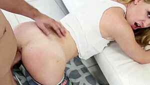 Blonde pornstar with large ass deepthroats and fucks big cock in bent over position