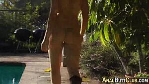 Outdoor solo babe teases gaping big ass in stockings