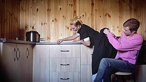 this sexy maid with a big ass was getting fucked doggystyle while cleaning, and she swallowed the cum from that monster cock