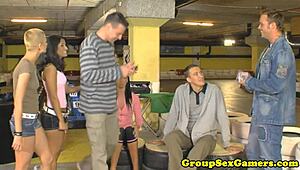 real gaming turns into wild cocksucking after gokarting with thong-clad group.