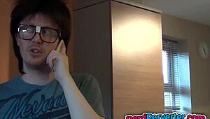 A beautiful black beauty gives a hardcore blowjob to a nerdy guy in a casting scene.
