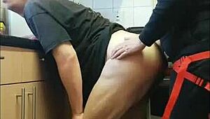 Bisexual Gay Male Takes Huge Anal Toy Insertion in Garage from Behind